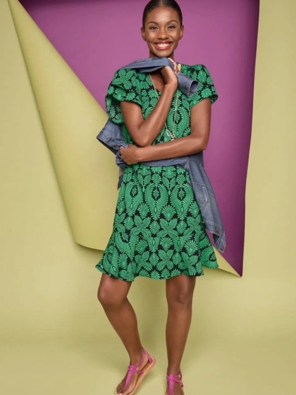 Cabi Style# 6415 Green Palmette Pattern Dress size Small S like new